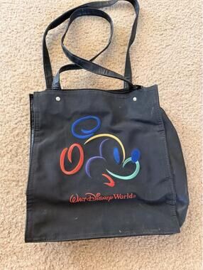 Vintage Walt Disney World Black Embroidered Nylon Zip Tote Bag Mickey Mouse